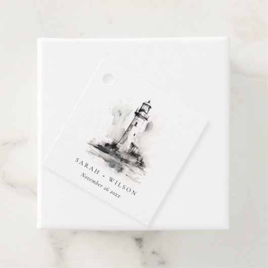 Zwart-wit vuurtoren nautische schets bruiloft bedankjes labels (In situ)