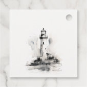 Zwart-wit vuurtoren nautische schets bruiloft bedankjes labels (Achterkant)