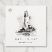 Zwart-wit vuurtoren nautische schets bruiloft bedankjes labels (Voorkant)