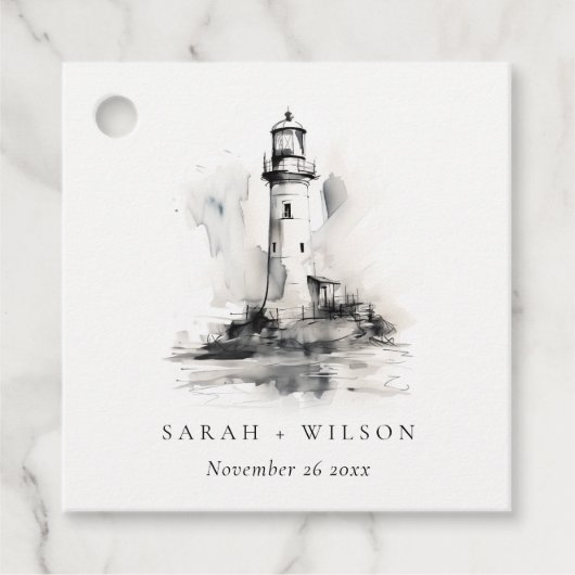 Zwart-wit vuurtoren nautische schets bruiloft bedankjes labels (Voorkant)