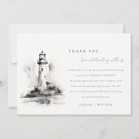 Zwart-wit vuurtoren nautische schets bruiloft bedankkaart (Voorkant)