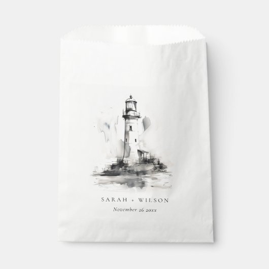 Zwart-wit vuurtoren nautische schets bruiloft bedankzakje (Voorkant)
