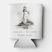 Zwart-wit vuurtoren nautische schets bruiloft blikjeskoeler (Voorkant)