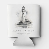 Zwart-wit vuurtoren nautische schets bruiloft blikjeskoeler (Achterkant)