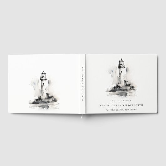 Zwart-wit vuurtoren nautische schets bruiloft gastenboek (Volledig)