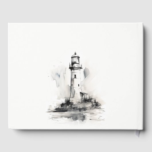 Zwart-wit vuurtoren nautische schets bruiloft gastenboek (Achterkant)
