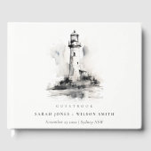 Zwart-wit vuurtoren nautische schets bruiloft gastenboek (Voorkant)