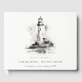Zwart-wit vuurtoren nautische schets bruiloft gastenboek