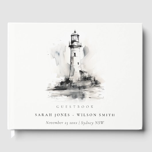 Zwart-wit vuurtoren nautische schets bruiloft gastenboek (Voorkant)