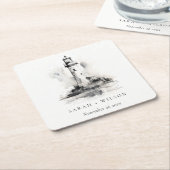 Zwart-wit vuurtoren nautische schets bruiloft kartonnen onderzetters (Schuin)