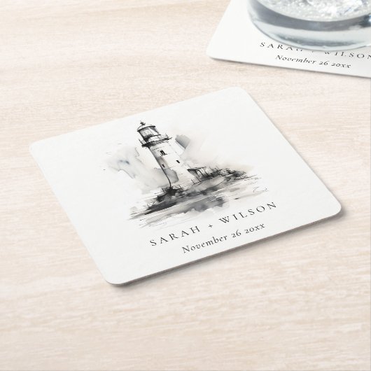 Zwart-wit vuurtoren nautische schets bruiloft kartonnen onderzetters (Schuin)