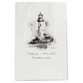 Zwart-wit vuurtoren nautische schets bruiloft medium cadeauzakje (Voorkant)