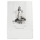 Zwart-wit vuurtoren nautische schets bruiloft medium cadeauzakje (Achterkant)
