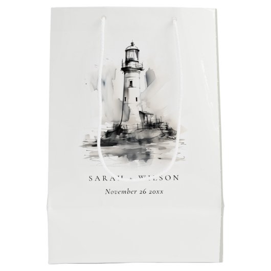Zwart-wit vuurtoren nautische schets bruiloft medium cadeauzakje (Achterkant)