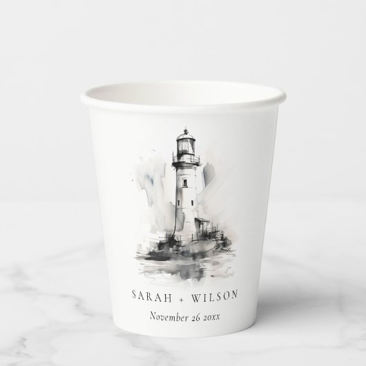Zwart-wit vuurtoren nautische schets bruiloft papieren bekers (Achterkant)