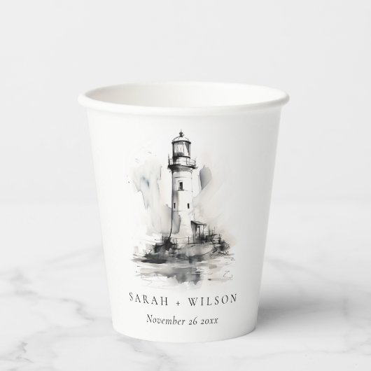 Zwart-wit vuurtoren nautische schets bruiloft papieren bekers (Voorkant)