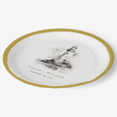 Zwart-wit vuurtoren nautische schets bruiloft papieren bordje (Gekanteld)