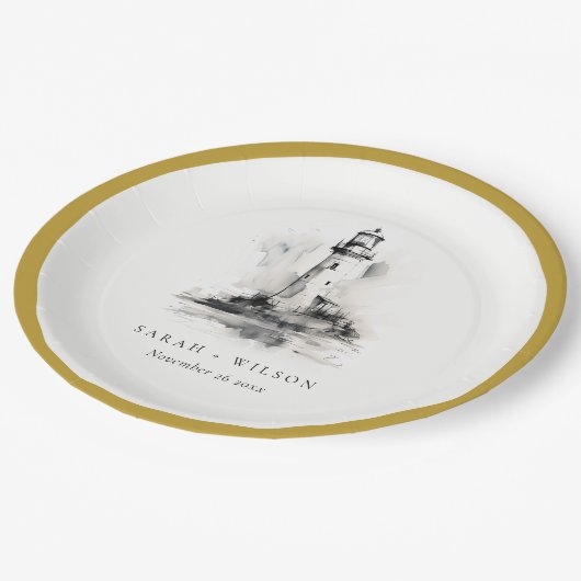 Zwart-wit vuurtoren nautische schets bruiloft papieren bordje (Gekanteld)