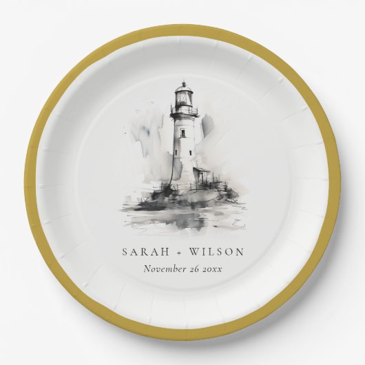 Zwart-wit vuurtoren nautische schets bruiloft papieren bordje (Voorkant)