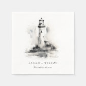 Zwart-wit vuurtoren nautische schets bruiloft servet (Voorkant)