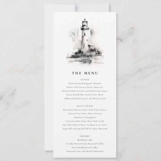 Zwart & Wit Vuurtoren Schets Wedding Menu Kaart (Voorkant)