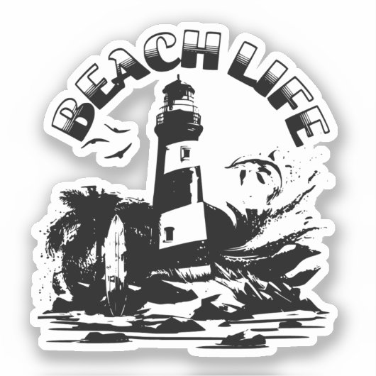 Zwart-wit vuurtoren strand leven sticker (Voorkant)