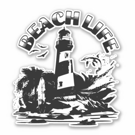 Zwart-wit vuurtoren strandleven sticker (Voorkant)