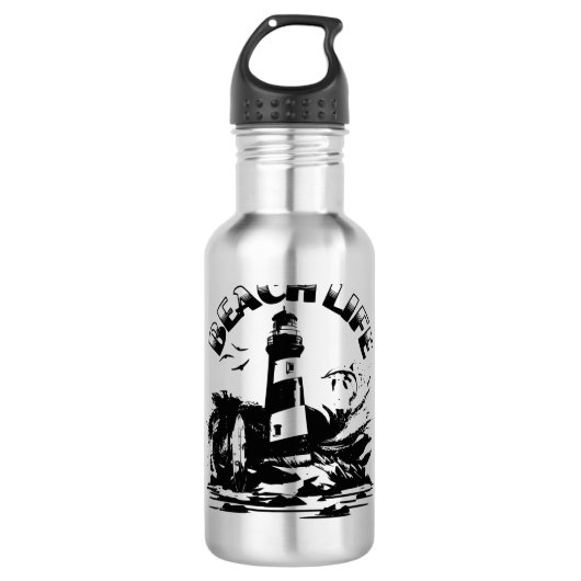 Zwart-wit vuurtoren strandleven waterfles (Voorkant)