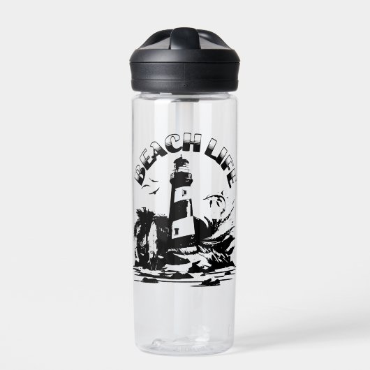 Zwart-wit vuurtoren strandleven waterfles (Voorkant)