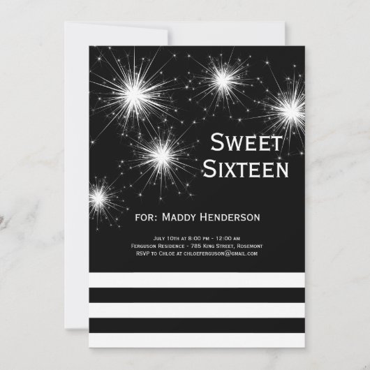 Zwart-wit vuurwerk Sweet Sixteen Uitnodiging (Voorkant)