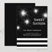 Zwart-wit vuurwerk Sweet Sixteen Uitnodiging (Voorkant / Achterkant)