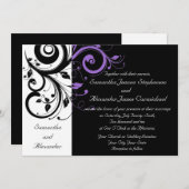 Zwart-wit w / Paarse werveling bruiloft uitnodigin Kaart (Voorkant / Achterkant)