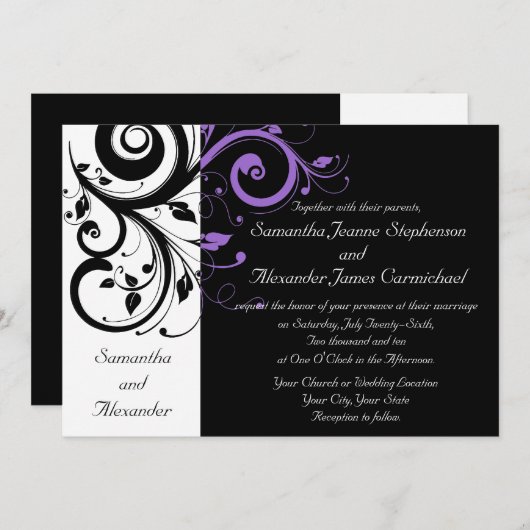 Zwart-wit w / Paarse werveling bruiloft uitnodigin Kaart (Voorkant / Achterkant)