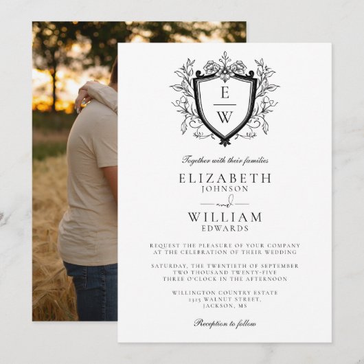 Zwart-Wit Wapen Monogram Foto Bruiloft Kaart (Voorkant / Achterkant)
