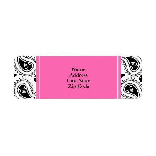 Zwart, wit, warm roze paisleypatroon etiket (Voorkant)
