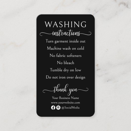 Zwart-wit Wasinstructies Shirt Care Visitekaartje (Voorkant)