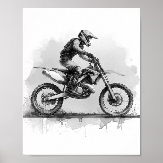 Zwart-wit Water Kleur Dirt Bike Poster (Voorkant)