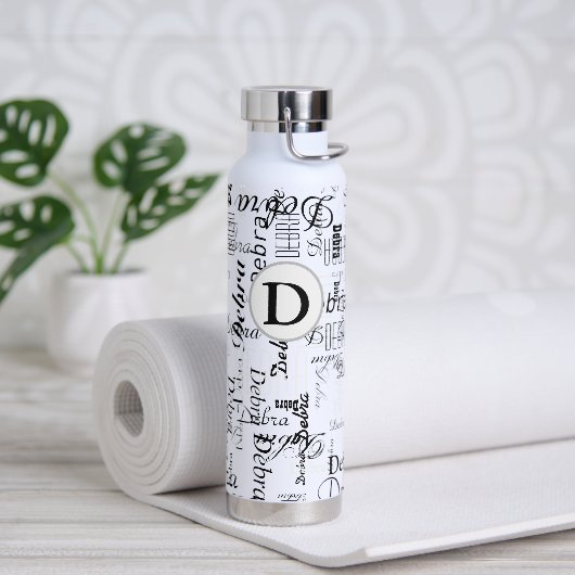 Zwart-wit waterfles met naam (Yoga)