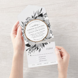 Zwart-wit waterverf bloemen bruiloft all in one uitnodiging