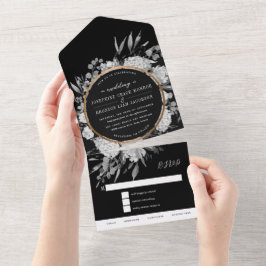 Zwart-wit waterverf bloemen bruiloft all in one uitnodiging