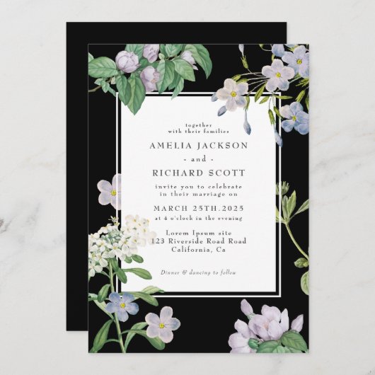 Zwart-wit waterverf bloemenklassiek bruiloft kaart (Voorkant / Achterkant)