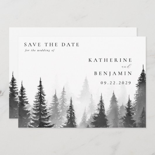 Zwart-wit Waterverf bomen bos bruiloft Save The Date (Voorkant / Achterkant)