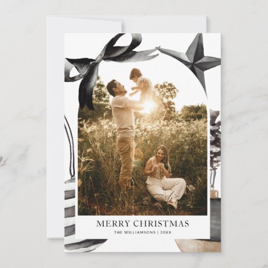 Zwart-wit Waterverf Familiefoto Feestdagenkaart (Voorkant)