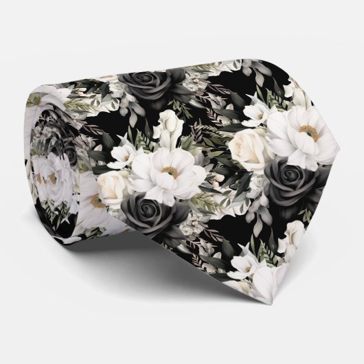 Zwart-wit Waterverf Floral Formele Stropdas (Opgerold)