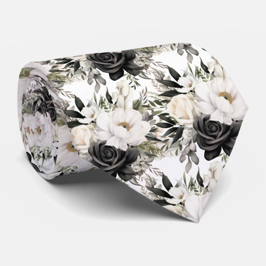 Zwart-wit Waterverf Floral Formele Stropdas (Opgerold)