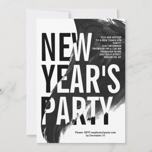 Zwart, wit waterverf Oudejaarsavond feest Kaart (Voorkant)