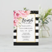 Zwart Wit Waterverf Roze Bloemen Brunch & Bubbly Kaart (Staand voorkant)