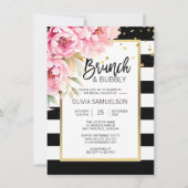 Zwart Wit Waterverf Roze Bloemen Brunch & Bubbly Kaart (Voorkant)