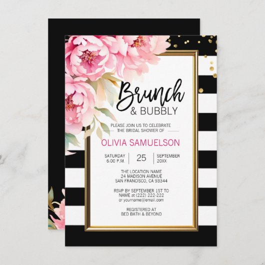 Zwart Wit Waterverf Roze Bloemen Brunch & Bubbly Kaart (Voorkant / Achterkant)