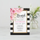 Zwart Wit Waterverf Roze Bloemen Brunch & Bubbly Kaart (Staand voorkant)